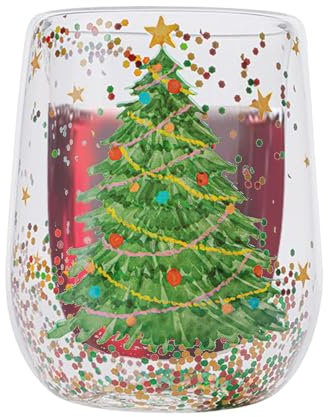Keyubria Christmas Tree Glass Drinking Cups - Heat Resistant, Double Wall Coffee Mugs for Tea, Latte, Espresso 4.65x3.39in