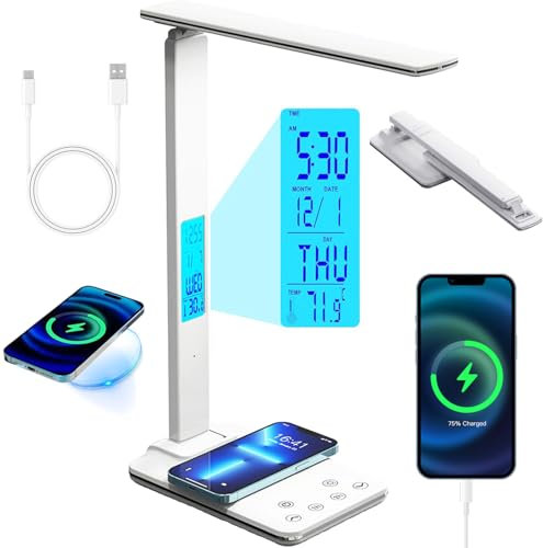 Led Desk Lamp, Desk Light Foldable with 3 Color Modes, Time, Date, Temperature Display, Wireless Charger & Usb Charging Port, Touch Control, Bedside Lamp For Home Office, Bedroom white