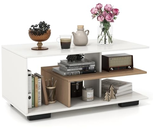 COSTWAY Couchtisch mit Stauraum, rechteckiger Wohnzimmertisch Retro mit L-förmiger Mittelablage, 3-stufiger geometrischer Kaffeetisch für Wohnzimmer, Empfangsraum, 90 x 50 x 42 cm (Natur+Weiß)