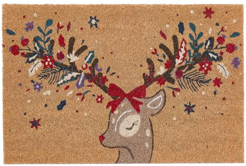 My Mat Printed Coir Christmas Colourful Deer Door Mat, Perfect for Indoor and Outdoor Use, Large Welcome Mat for Front Door, Entryway and Patio 40x60cm