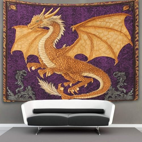 OSBELE Golden Drache Tapisserie, 3D mittelalterlicher Stil Wandbehang Wandtuch Tagesdecke Bettdecke Für Schlafzimmer Wohnzimmer Wohnheim 130cmx150cm