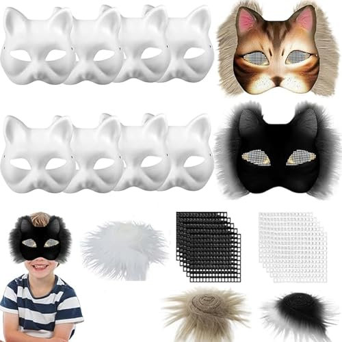 AUNGCSHE 10 Stück Katzenmasken zum Bemalen, DIY katzenmaske Therian Mask mit Kuns Fell und Eye Mesh, Therian Stuff für Halloween, Karneval, Maskerade, Party Cosplay