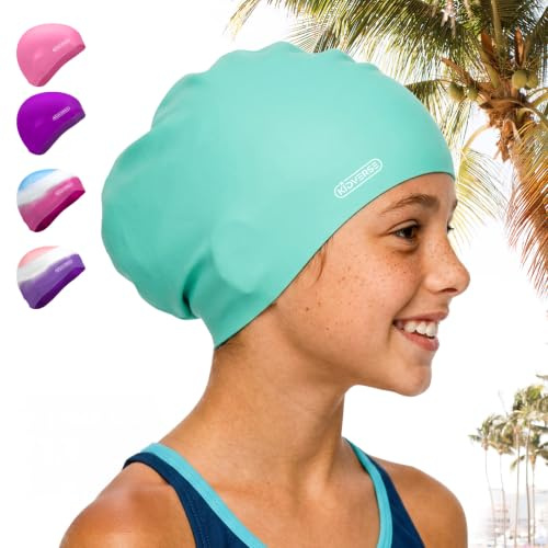 KIDVERSE Badekappe Kinder Lange Haare - Schwimmhaube Kinder mit Anti-Rutsch-Noppen - Badekappen für Schwimmer mit UV Schutz - Badehauben für Lange & voluminöse Haare