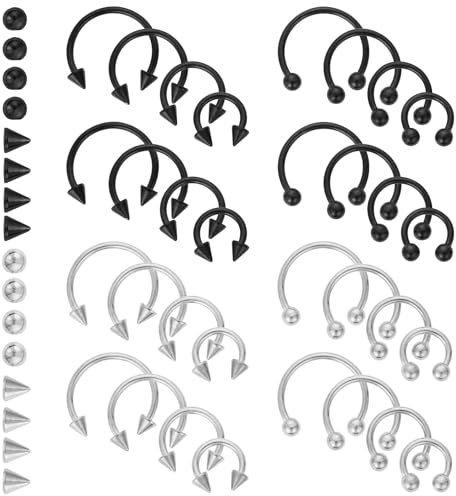 Tucnoeu 32pcs 16G Septum Piercing Schwarz Silber mit Ersatzkegel Hufeisen Piercing Set Nasenscheidewand Piercing Septum für Damen und Herren