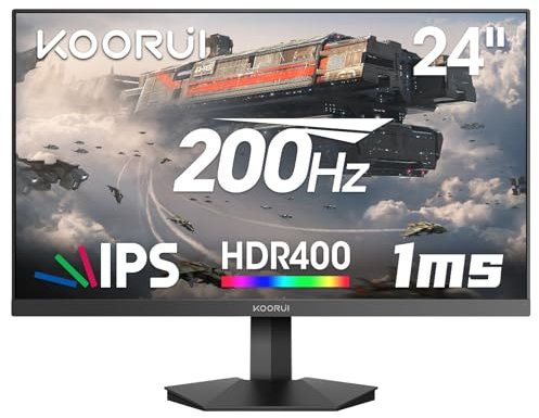 KOORUI Ecran PC Gamer 200Hz, Ecran Gaming 24 Pouces, Fast IPS, HDR 400, Adaptive Sync, FHD 1080P, 1ms, VESA 75x75mm, HDMI 2.0 & DP1.4