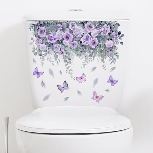 2 hojas de calcomanías de flores moradas para tapa de plantas, rosas, mariposas, decoración de pared de baño, calcomanías de tapa, accesorios de inodoro