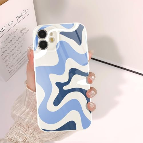 Phoona Cute Case for iPhone 11 6,1, Preppy Wavy Vintage Wave Girly Aesthetic Pattern Design, Raised Camera Protection Bumper Soft Slim TPU Shockproof Protective Cover for Girls Women, Blue