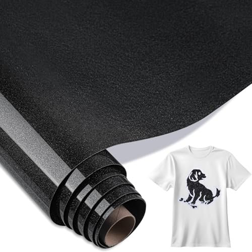 Zocipro Black Glitter Iron on Vinyl, 30cm x 1M Heat Transfer Vinyl for Fabric, PET Backing Black HTV Vinyl for T-Shirts, Clothes, Hats, Bags and Other Textiles