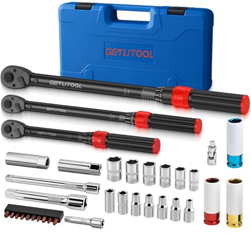 GETLITOOL 3PZ Chiavi Dinamometriche 1/4 3/8 1/2 per Bici Auto con 32 Accessori, Include Bussole per Ruota, Bussole 1/4, Chiavi Candele, Adattatori e Punte HEX/PZ/PH, Coppia 5-25Nm 10-60Nm 20-210Nm