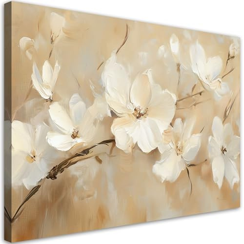 Feeby Leinwand Bilder - Weiße Blumen Natur - Canvas 120x80 cm - Deko Wohnzimmer - Wandbilder Schlafzimmer - Deko Aesthetic - Wand Deko - Leinwand Groß - Deko Zimmer - Leinwandbilder XXL