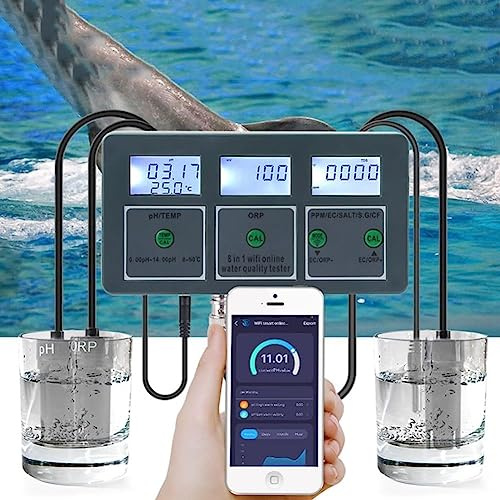 Moniteur intelligent WiFi de qualité de l'eau – PH mètre 8 en 1, enregistreur de données pour température, TDS, salinité, S.G., EC, ORP – Idéal pour aquariums, piscines, hydroponie