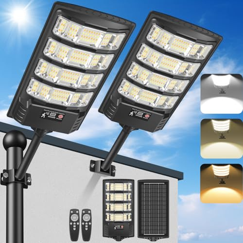 PEAKRO Lampione Solare Led Esterno, 6000K Bianca e 3000K Calda Faro Stradale Solare Impermeabile con Telecomando, Sensore di Movimento, Lampada da Giardino Faretti Esterno Solari per Garage Strada(2)