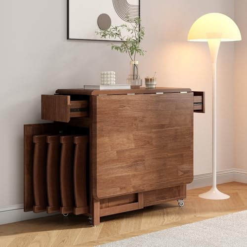 Space Saving Solid Wood Folding Dining Table 130CM Drop Leaf Dining Table | Fully Assembled;Table only;Storage for Up to Four Dining Chairs;Two Drawers;360-Degree Swivel Castors