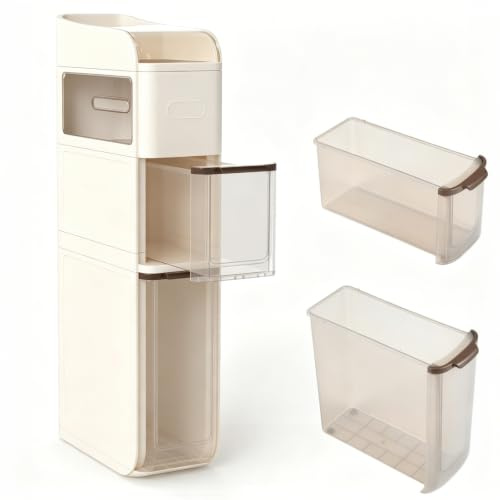 KOMFOTTEU Schmaler Nischenschrank auf Rollen, Rollschrank platzsparend mit 2 Schubladen, Taschentuchbox, oberem Regal, Rollwagen Nischenregal für Küche Badezimmer, 18 x 43 x 88 cm (Cremeweiß)