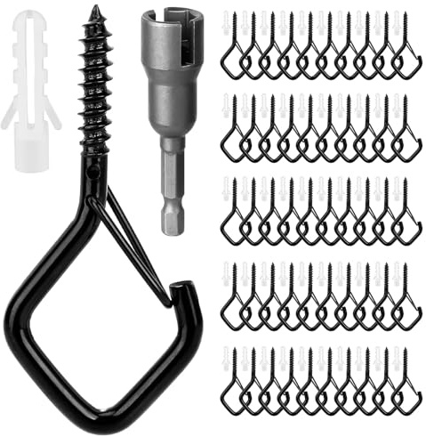 Forbabe 50 Ganchos de Tornillo Negros, Diamante Ganchos de Tornillo de Acero Inoxidable con Hebilla, para Colgar Macetas, Campanillas de Viento y Luces de Cadena Decorativas | Con hebilla, para colgantes, carillones de viento y guirnaldas decorativas de luces, color negro