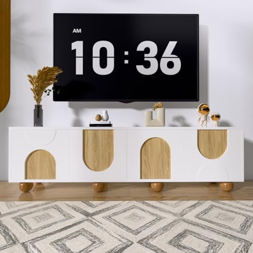 RAPRAP Mueble de TV con cuatro puertas, moderno mueble bajo de TV blanco con vetas de madera vintage, 175 x 38 x 50 cm
