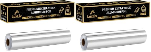 LuxLiv ® 50 m Alufolie - Hochwertige, robuste 20 Mikron dicke Folie, 30 cm breite Küchenfolie für Catering, Lebensmittelverpackung, Backen & Grillen, langlebige Aluminiumfolie. (Packung mit 2)
