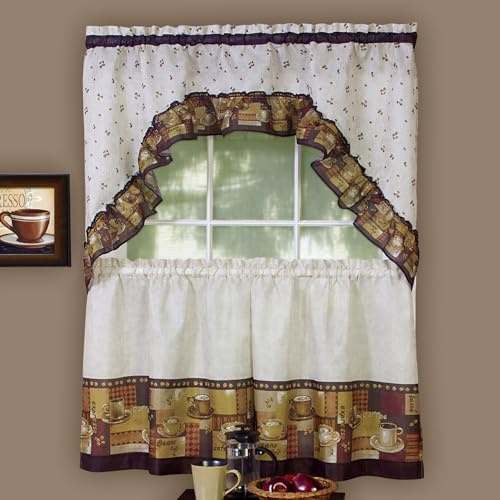 Embellished Tier and Swag Curtain Set, 57 x 24 in, Coffee, Light Filtering