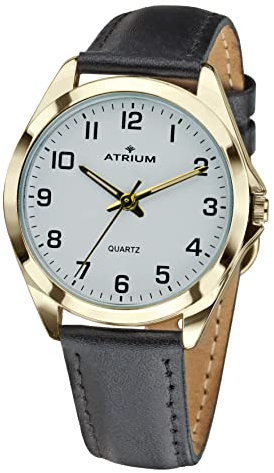 Atrium Herren Armbanduhr Klassisch Sehr Deutlich Goldfarben Analog Quarz mit Leder Armband Schwarz A10-20