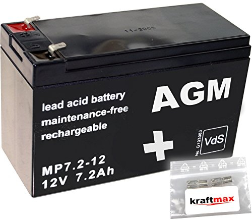kraftmax 2X AGM 12V / 7,2Ah Blei-Akku - MP7,2-12 [ Faston 4,8 ] VDs geprüft - inkl. 2X Original Anschluß-Adapter