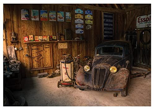 Forwall - Vlies Fototapete Oldtimer Auto Retro Route 66 Alte Werkstatt 208x146 cm - Fototapeten - Tapeten - für Wohnzimmer Schlafzimmer - Vliestapete Wandtapete Tapete 3D Effekt- inkl. Kleister