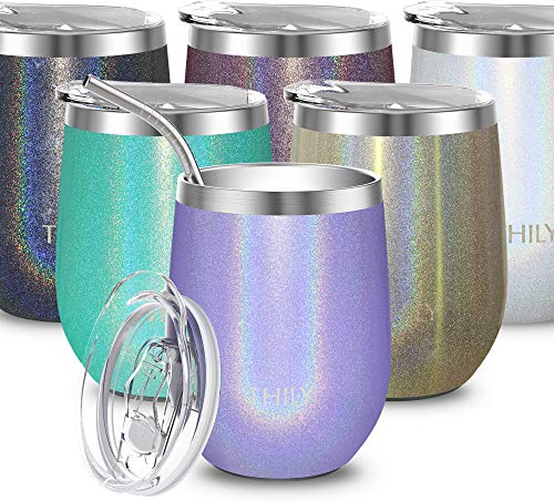 THILY Stainless Steel Wine Tumbler Insulated Stemless Travel Wine Glass Coffee Cup with Sliding Lid and Reusable Straw, Xmas Gifts, Glitter Lavender