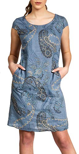 Caspar SKL022 Damen Sommer Leinenkleid mit Paisley Print bis Größe 50, Farbe:Jeans blau, Größe:L - DE40 UK12 IT44 ES42 US10
