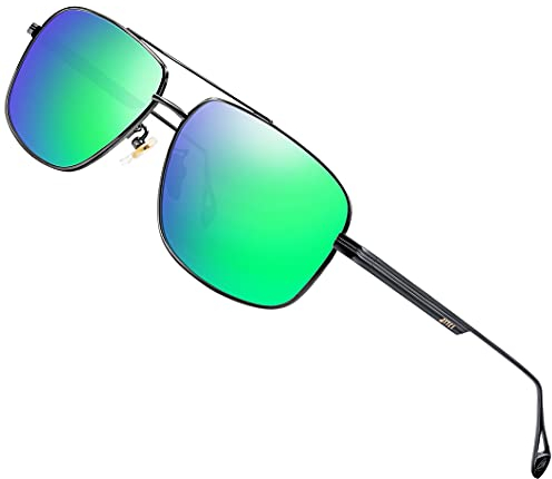 ATTCL Vintage Herren Polarisierte Sonnenbrille Fahrerbrille Rechteckig Metallrahmen UV400 Schutz (Schwarz/Grün verspiegelt)