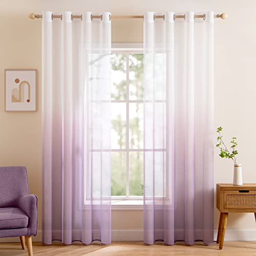 MIULEE Gardinen Transparent Vorhänge Farbverlauf Voile Sheer 2er Set Vorhang mit Ösen Dekoschal Fensterschal für Schlafzimmer und Wohnzimmer 225 cm x 140 cm(H x B) Weiß Helllila