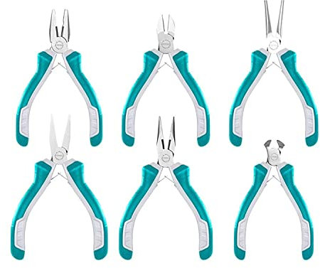 TOTAL - Set di Pinze Mini | 6 Pezzi | 115 mm | Per Meccanica di Precisione | Pinza Universale, Taglio Diagonale, Taglio Frontale, Piatto Lungo, Lungo e per Anelli | Manico Bimateriale