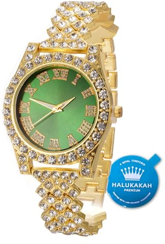 Halukakah Diamanten Gold Uhr, Kinder 18K Echtes Gold Plattiert 36MM Breite Grün Zifferblatt Quarz Armband 20cm,Kostenlose Geschenkbox