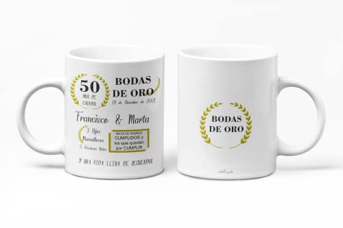 Worfull Regalos Taza 50 Aniversario - Taza cerámica 300 ml, con nombres - taza personalizada para 50 años juntos.
