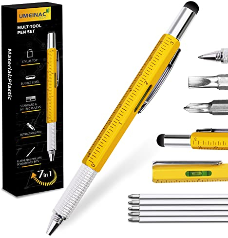 UMEINAC Multitool Pen, 7 in 1 Multitool Tech Tool Pen for Men, Construction Tools Gadget Stocking Stuffers Gifts for Dad Husband Father - Yellow