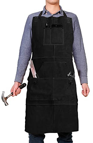QeeLink Schweißerschürze Leder, Lederschürze, Hitzebeständige, Flammhemmend | mit 6 Taschen, Verstellbare Größe von M bis XXXL