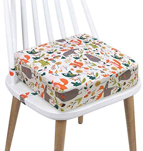 Rehausseur Chaise Enfant Coussin, en Toile de Coton Lavable avec 2 Sangles, Boucle de Sécurité, Motif de Dessin Animé Pour Enfant (Animaux-Blancs)