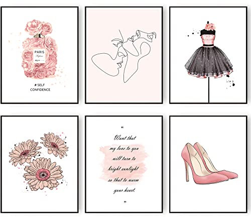 Impressions murales tendance minimalistes Robe rose noire à talon haut Marguerite Parfum Éléments Ligne d'amour Décoration murale Poster Citations positives (27,9 x 35,6 cm, Sans cadre)