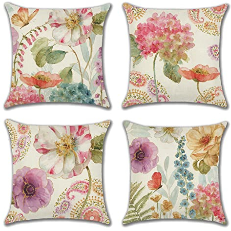 OCEUMACO Leinen Kissenbezug 50x50 Boho Paisley Muster Kissenhülle 4er Set Quadratisch Dekokissen Sofakissen Bezug für Couch Bunt Blumen Kissen Kissenbezüge Deko Zierkissen Couchkissen Outdoor