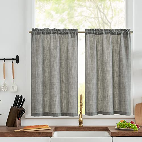 TOPICK Scheibengardine Bistrogardine 2er Set 90Hx63B cm Grau Leinenoptik Fenstervorhang Gardine Gaze Schals Scheibengardinen Halbtransparent Fensterschal Küche Wohnzimmer Landhaus