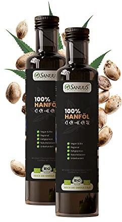SANUUS Bio Hanföl kaltgepresst 2x500ml (1000ml) - Rein aus Naturland Hanfsamen ungeschält Bio - Premium Hanföl Bio aus Deutschland zum Braten und Kochen - Reich an Omega 3-6-9 Fettsäuren