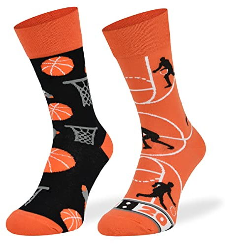 SKIETY Bunte Interessante Socken - Lustige Seltsame Verrückte Ausgefallene Skurrile Socken für Erwachsene - Baumwolle - für Frauen Männer - Basketball - 43-46