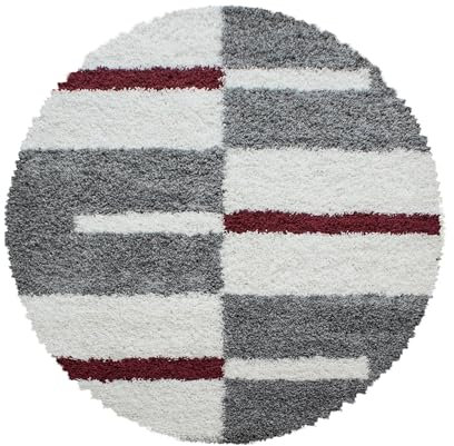 HomebyHome Runder Shaggy Teppich 120 cm - Hochflor in Rot, Grau und Weiß - Extra Weich und Flauschig - Bettvorleger für Wohnzimmer, Schlafzimmer, Küche, Flur - Carpet, Halı