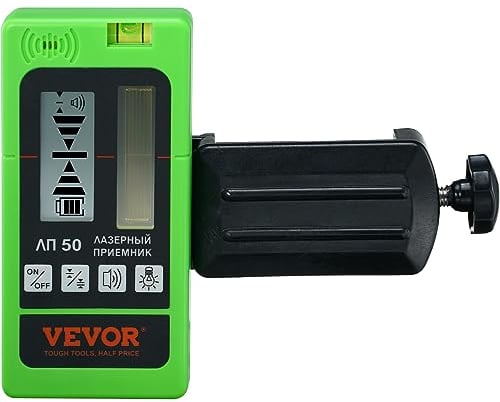 VEVOR Receptor Láser para Nivel con Alcance de 60m, Detector Verde y Rojo para Líneas Pulsadas, Señal de Sonido Ajustable, Pantalla LCD Dual, Nivel de Burbuja Incorporado con Abrazadera