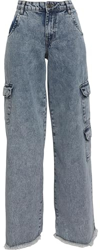 Urban Classics Damen Hose Ladies Mid Waist Cargo Denim Pants Vintage lightblue Washed 31