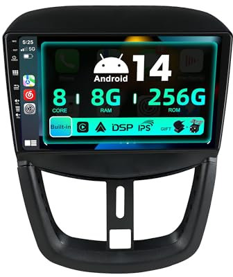 SXAUTO ¦ 8G+256G ¦ Android 14 IPS Autoradio para Peugeot 207 (2006-2015) - Inalámbrica CarPlay/Android Auto - LED Cámara + Mic - DSP Dab 4G 360-CAM Volante Fast-Boot WiFi AHD - 9 Pulgada 2 DIN