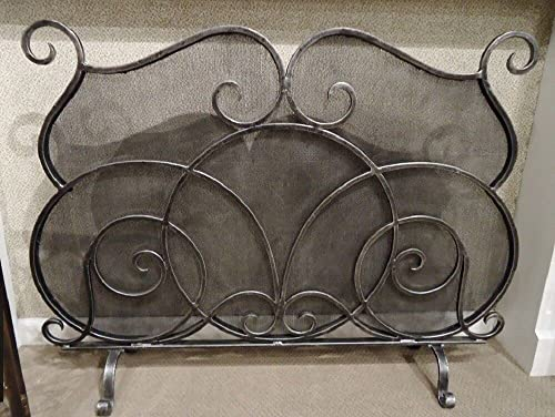 Kaminschirme Scroll-Kamin-Kaminschirm, Antik-Zinn-Finish, Netzrückseite, 46 breit, Kaminschirm, Flache Kaminschirme, dekorativ, Happy Dignified