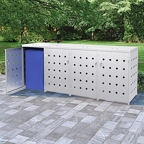 TANZEM Quadruple Wheelie Bin Shed 240 L Stainless Steel,Garden Wheelie Bin Hideaway Waste Bin,Storage Shed w/Locking Doors Assisted lift up Lid easy use Outdoor Hygienic Dustbin Unit Cover with Doors