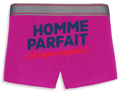 La French Touch Boxer Homme Humour Homme Parfait et Modeste - Imprimé en France - Caleçon Homme Drole et Rigolo - Cadeau Humour Anniversaire Original (Rose, L)