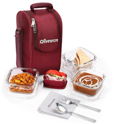 SOPL-OLIVEWARE Executive Glassware Lunchbox, Borosilicate Glass, Microwave Safe,Set of 3 with BPA Free Lid (320ml) Each - Mahroon
