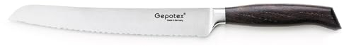 Gepotex ® Cuchillo de pan con filo ondulado, hoja de 23 cm, mango de roble ahumado, hoja de cromo, vanadio, molibdeno, acero 57 HRC, fabricado en Alemania