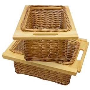2 Ausziehbare Weidenkörbe Küche Rattan 400mm Küchenkörbe Aufbewahrung Lagerung Speisekammer Unterschrank & Läufer Buche massiv 40cm Landhausstil 100% handgefertigt Befestigungssatz inklusive - Braun